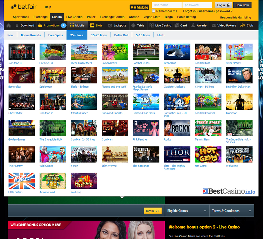 The extensively rich lobby of slot games at Betfair