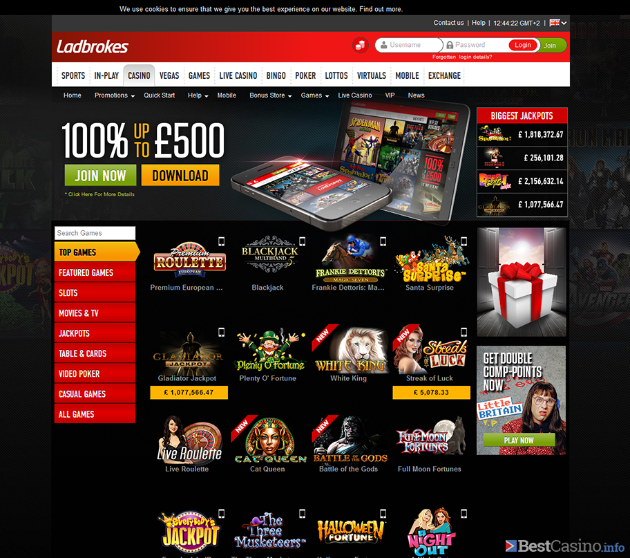 Ladbrokes casino homepage with bonus
