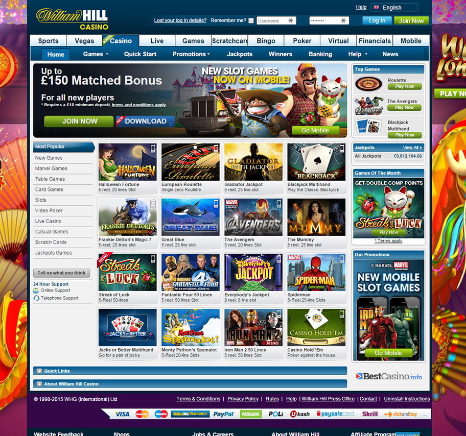 Landing page of the casino at William Hill online