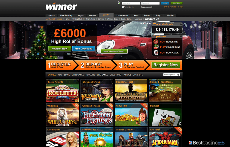 The home page of Winner Casino online
