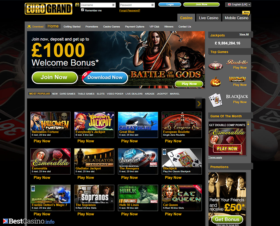 Landing page of Eurogrand casino showing their fantastic welcome bonus