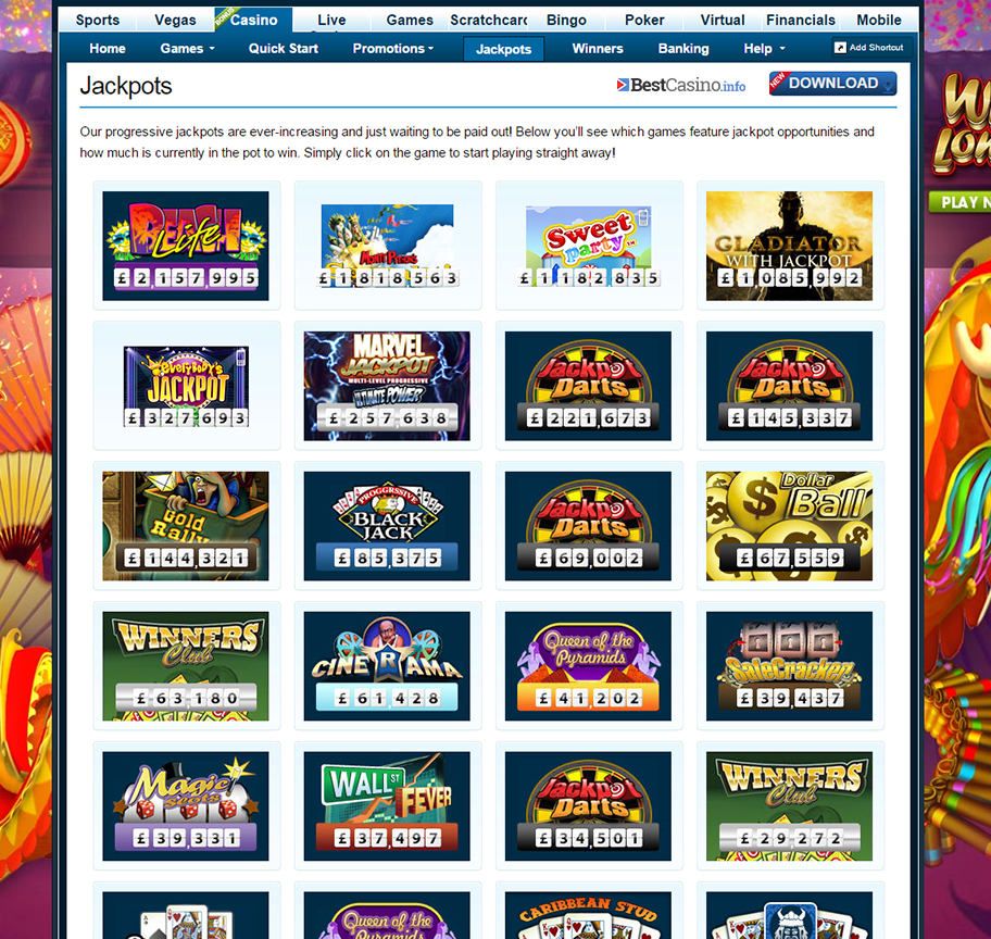 The numerous jackpot games offered at William Hill casino